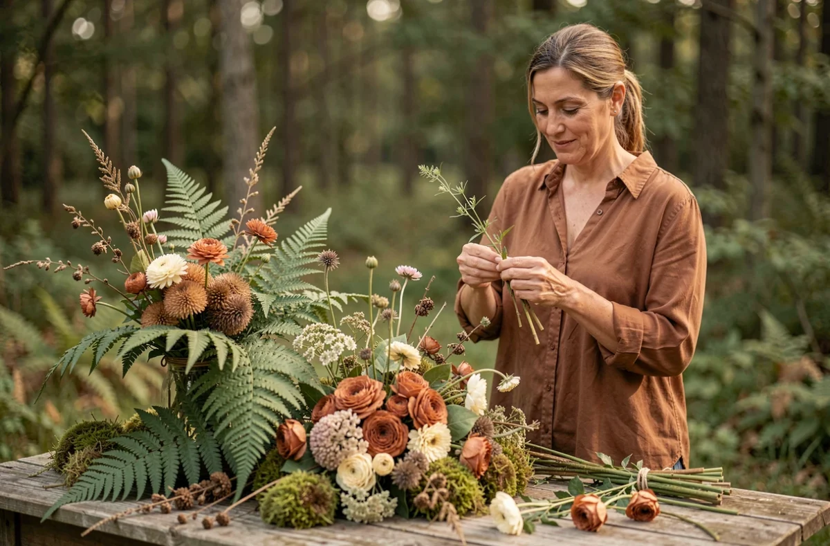 À l'Ombre des Fougères, fleuriste mariage nature, composition florale sauvage avec fougères, mousses et botaniques séchées dans un cadre forestier
