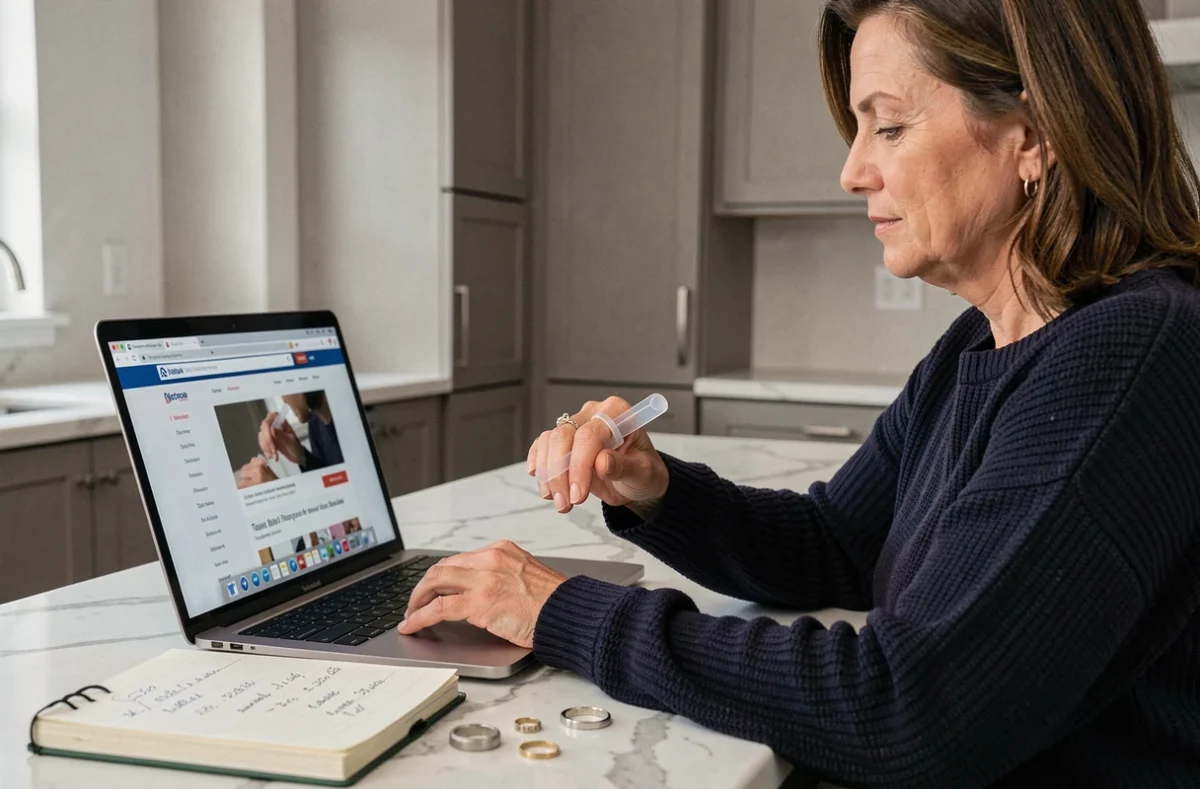 Femme consultant un site de bijoux en ligne tout en mesurant son doigt avec une jauge flexible pour choisir sa taille de bague