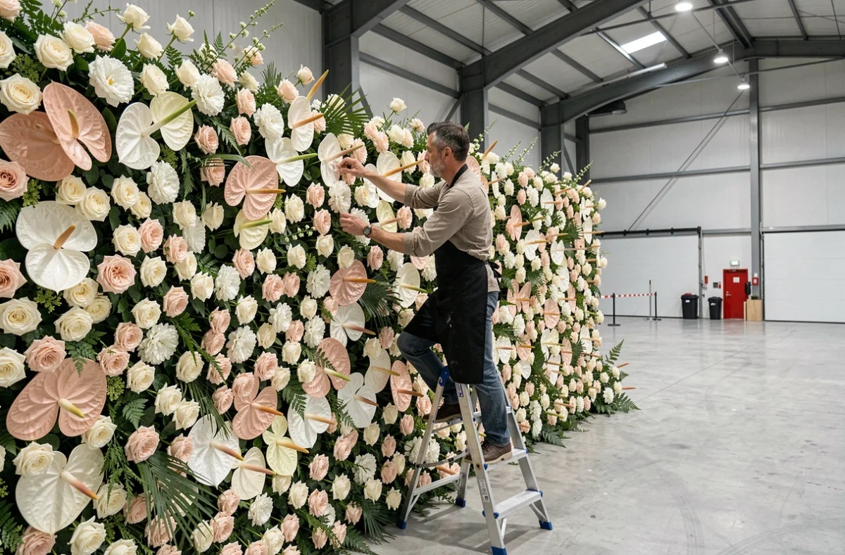 Acquaverde, fleuriste événementiel à Nantes, installation d'un mur floral monumental de roses et anthurium pour un événement professionnel