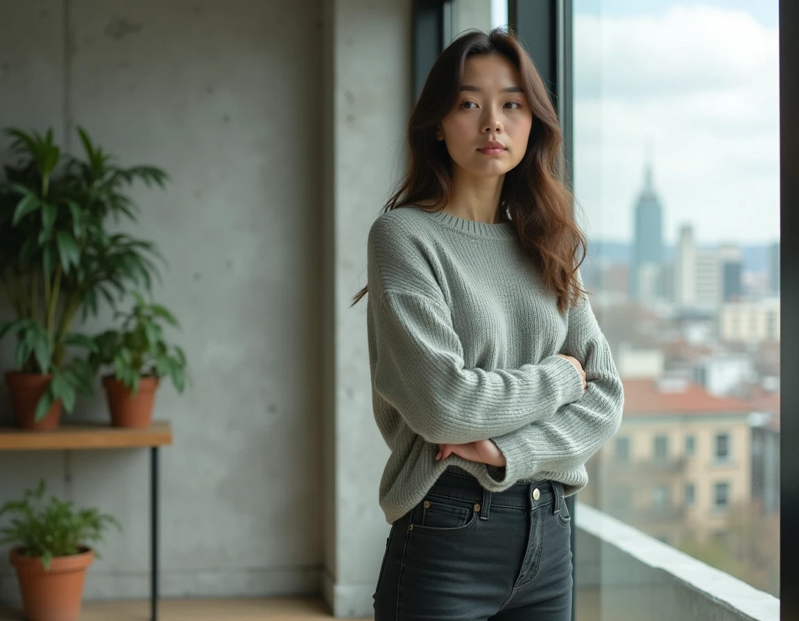Jeune femme seule dans un appartement moderne regardant par la fenêtre, symbolisant la question de sa vie de couple
