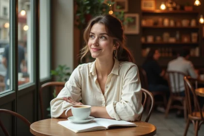 Femme discrète assise dans un café parisien avec un carnet ouvert, illustrant la vie privée et le soutien au quotidien d'Alicia Dauby et de son compagnon