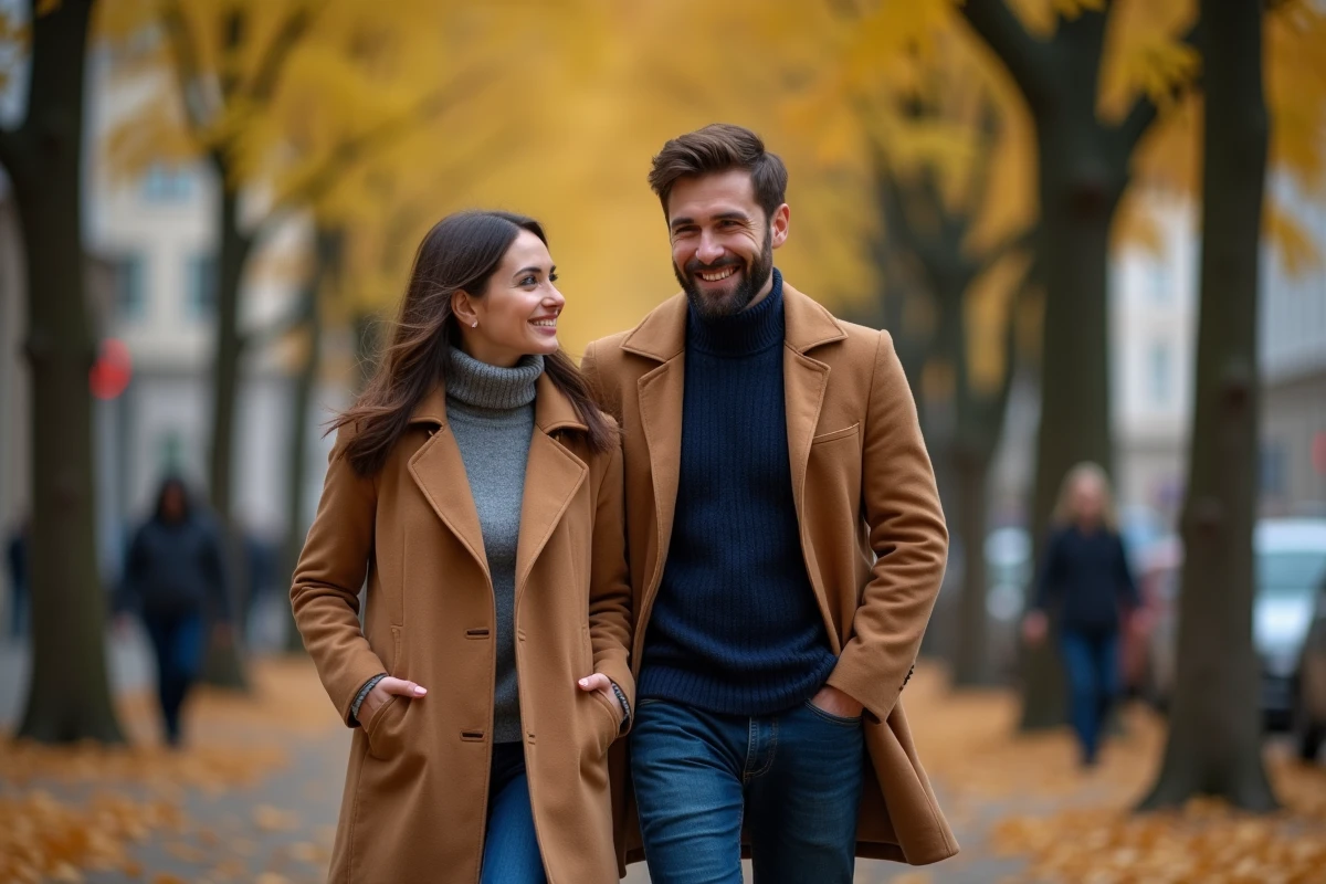 Couple complice se promenant sur une avenue parisienne en automne, symbolisant le soutien discret et la complicité entre Alicia Dauby et son compagnon