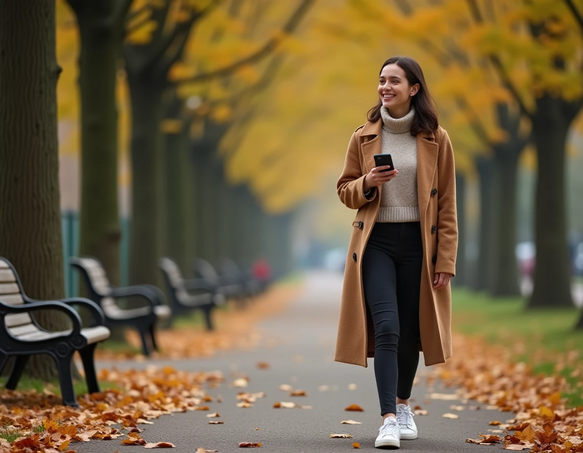 Jeune femme se promenant seule dans un parc en automne, illustration poétique d'une vie sentimentale incertaine en 2026