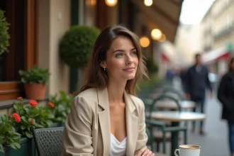 Jeune femme pensive seule à la terrasse d'un café parisien, évoquant une réflexion sur sa vie sentimentale en 2026