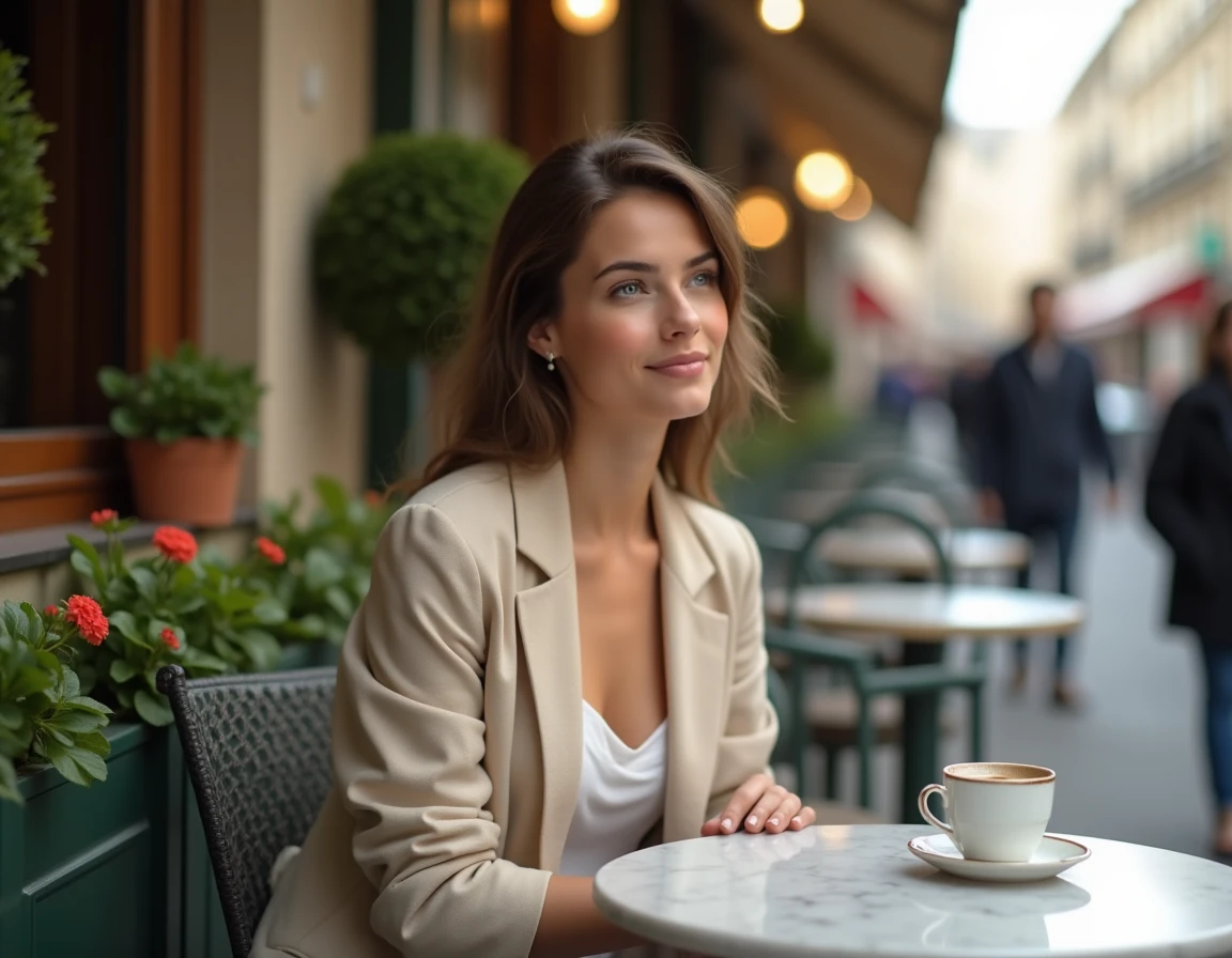 Jeune femme pensive seule à la terrasse d'un café parisien, évoquant une réflexion sur sa vie sentimentale en 2026