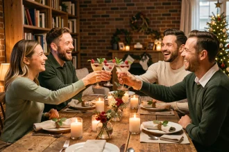 Groupe d'amis adultes portant un toast avec des cocktails sans alcool lors d'une fête de fin d'année autour d'une table décorée