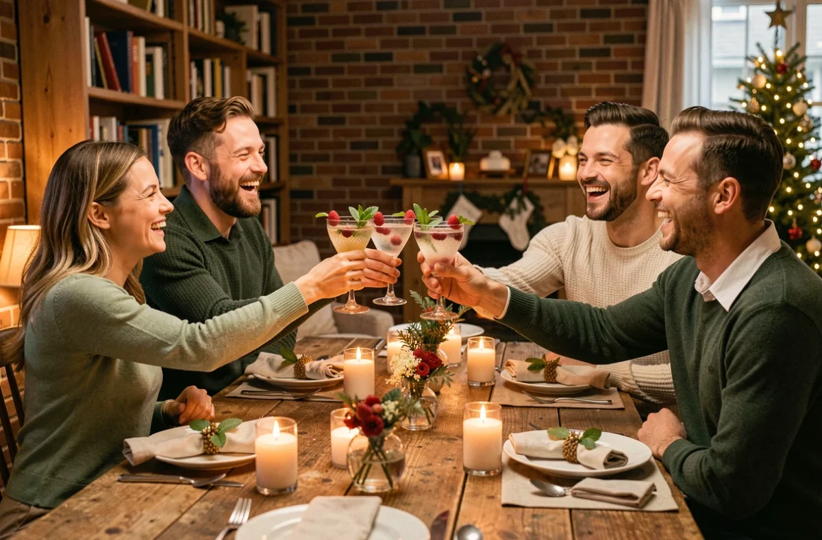 Groupe d'amis adultes portant un toast avec des cocktails sans alcool lors d'une fête de fin d'année autour d'une table décorée