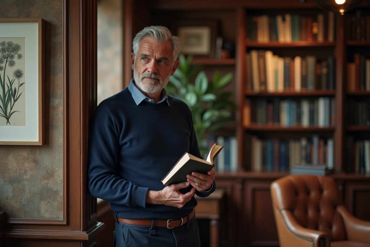 Portrait intimiste d'un animateur télévision dans sa bibliothèque personnelle, reflétant sa vie privée et ses passions