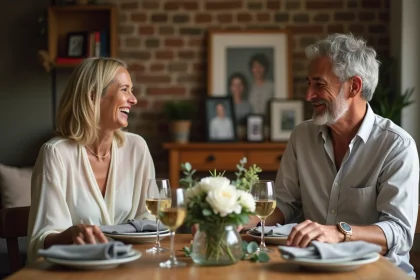 Couple fêtant 36 ans de mariage autour d'un dîner intime à la maison avec des fleurs blanches et du vin