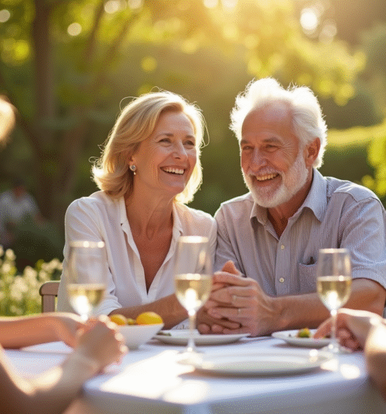 Couple mature célébrant 35 ans de mariage dans un jardin