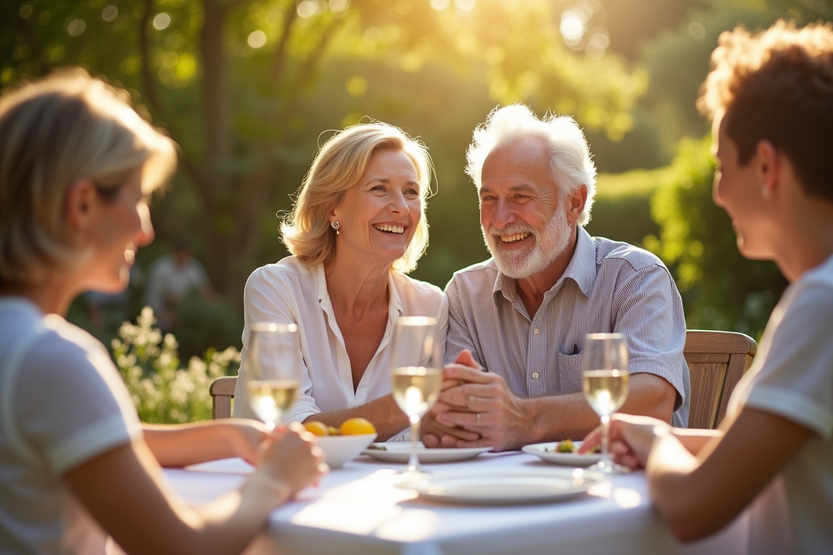 Couple mature célébrant 35 ans de mariage dans un jardin