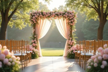 Arche de mariage élégante en extérieur avec fleurs pastel