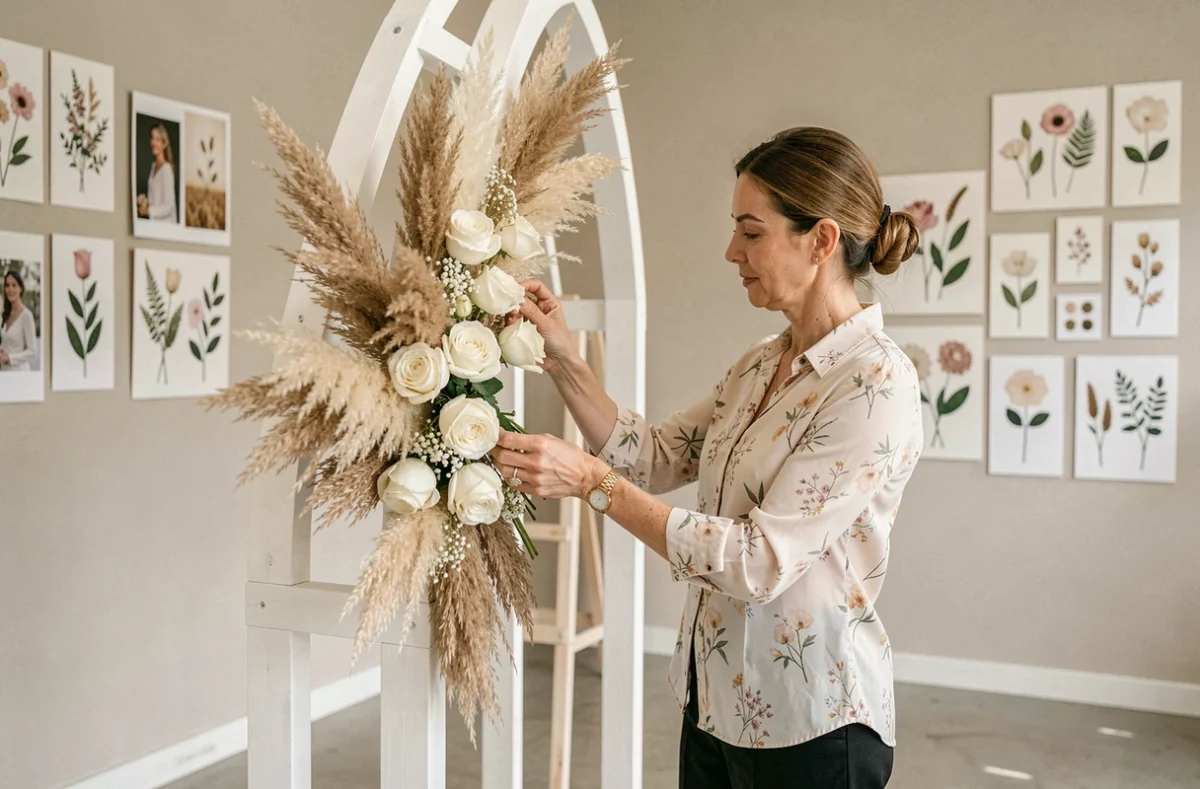 Atelier Armelle Alleton, fleuriste mariage au Mans, créant une arche nuptiale en herbes de pampa et roses blanches dans un atelier épuré