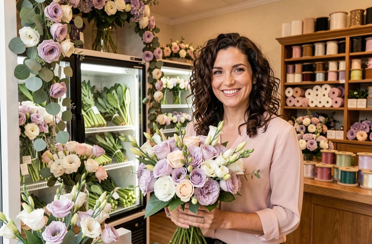 Avenue des Fleurs, fleuriste mariage à Laval, fleuriste présentant un bouquet nuptial de lisianthus et eucalyptus dans sa boutique accueillante
