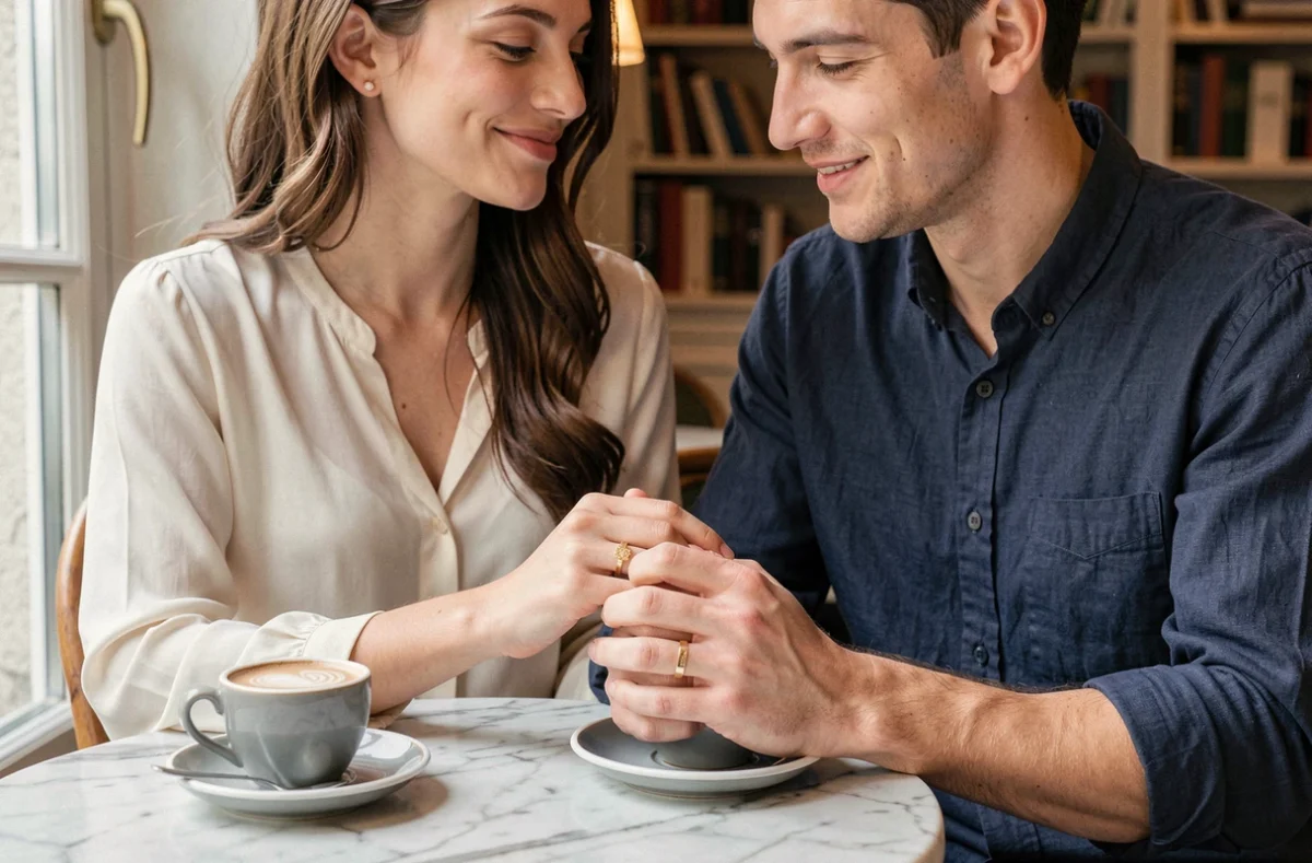 Couple portant des bagues gravées assorties dans un café parisien, moment romantique et complice