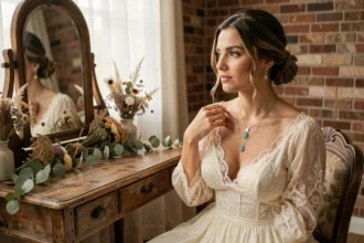 Mariée bohème assise à une coiffeuse vintage tenant un collier doré multicouches avec pendentifs en pierre de lune, robe en dentelle ivoire, décor rustique avec fleurs séchées