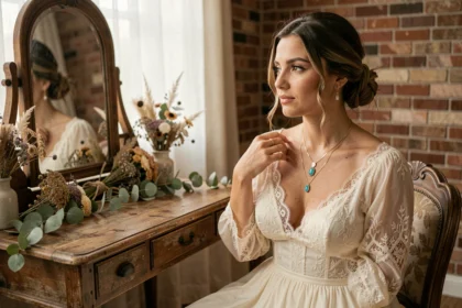 Mariée bohème assise à une coiffeuse vintage tenant un collier doré multicouches avec pendentifs en pierre de lune, robe en dentelle ivoire, décor rustique avec fleurs séchées