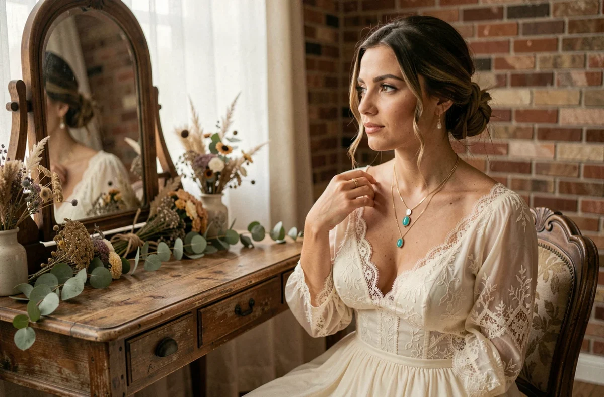 Mariée bohème assise à une coiffeuse vintage tenant un collier doré multicouches avec pendentifs en pierre de lune, robe en dentelle ivoire, décor rustique avec fleurs séchées