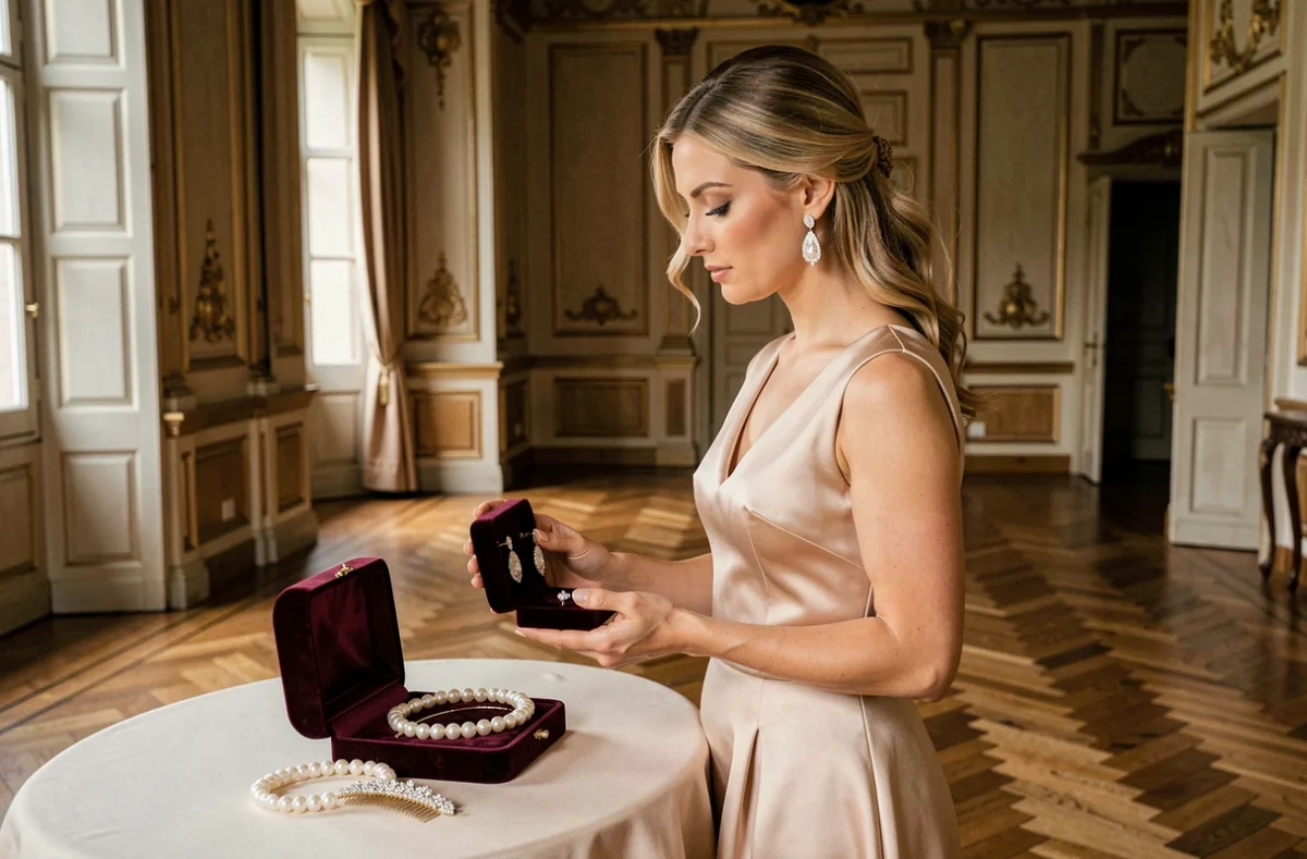 Mariée chic en robe mi-longue en crêpe de soie tenant une boîte à bijoux en velours avec boucles d'oreilles chandelier en perles et diamants dans un château français