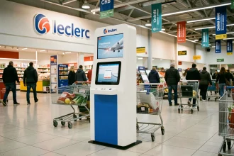 Borne photo en libre-service installée dans un hypermarché Leclerc, solution de tirage photo pour entreprises