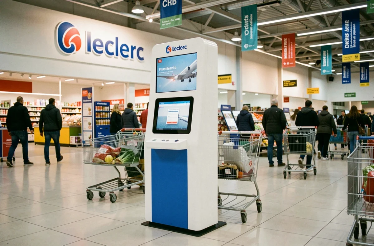 Borne photo en libre-service installée dans un hypermarché Leclerc, solution de tirage photo pour entreprises