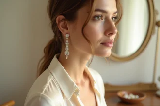 Boucle d'oreille pendante perle et strass portée par une femme en chignon, gros plan sur le bijou élégant