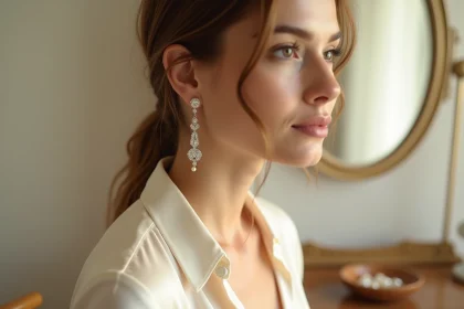 Boucle d'oreille pendante perle et strass portée par une femme en chignon, gros plan sur le bijou élégant