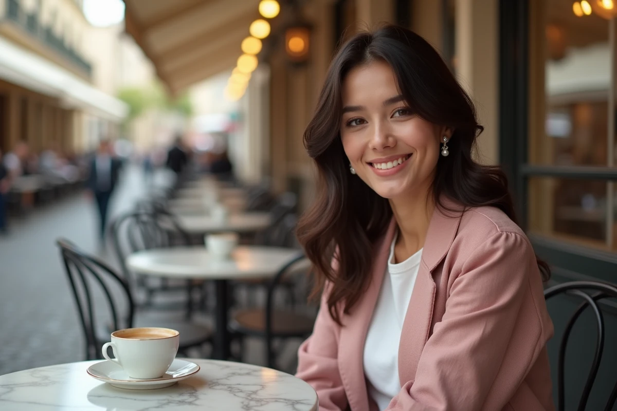 Femme portant des boucles d'oreilles perle et strass de style marie en terrasse de café parisien