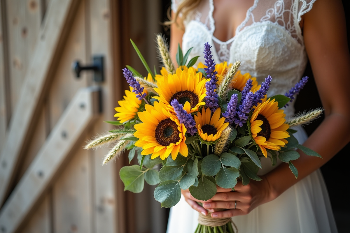 Bouquet de mariage rustique avec tournesols et lavande en gros plan