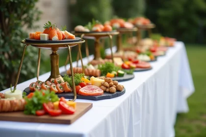 Buffet froid mariage moderne pour 50 personnes avec planches de charcuterie, fromages artisanaux et légumes colorés sur table en lin blanc dans un jardin élégant