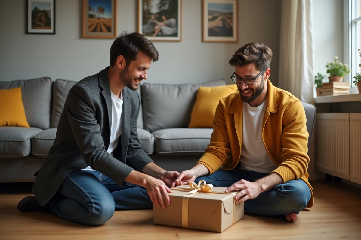Deux hommes partageant un moment complice lors de l'ouverture d'un cadeau mémorable pour leur PACS dans un salon décoré avec soin