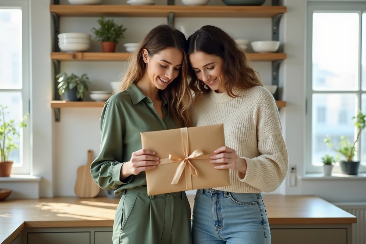 Deux femmes découvrant un cadeau d'expérience pour leur PACS dans une cuisine moderne et lumineuse