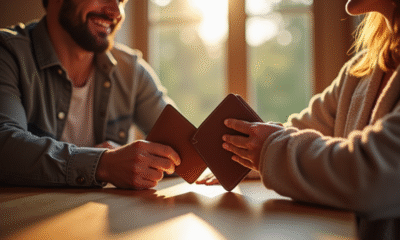 Couple heureux échangeant des cadeaux en cuir personnalisé