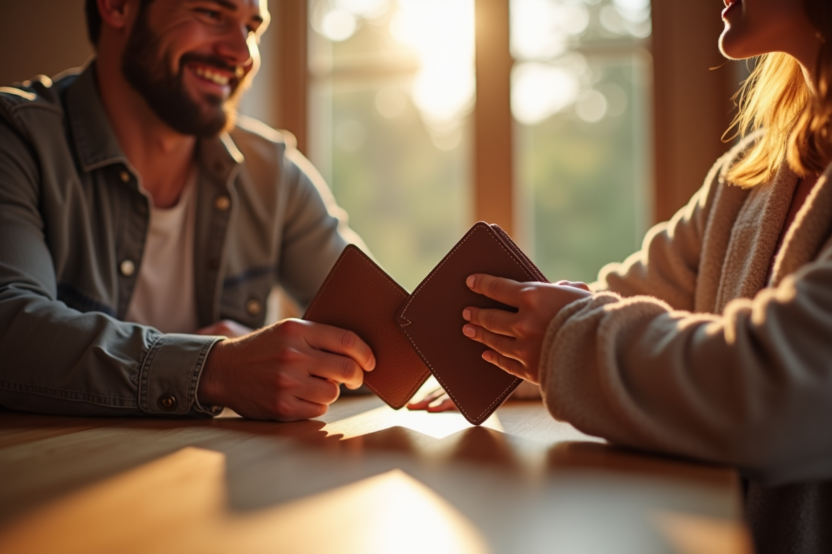 Couple heureux échangeant des cadeaux en cuir personnalisé