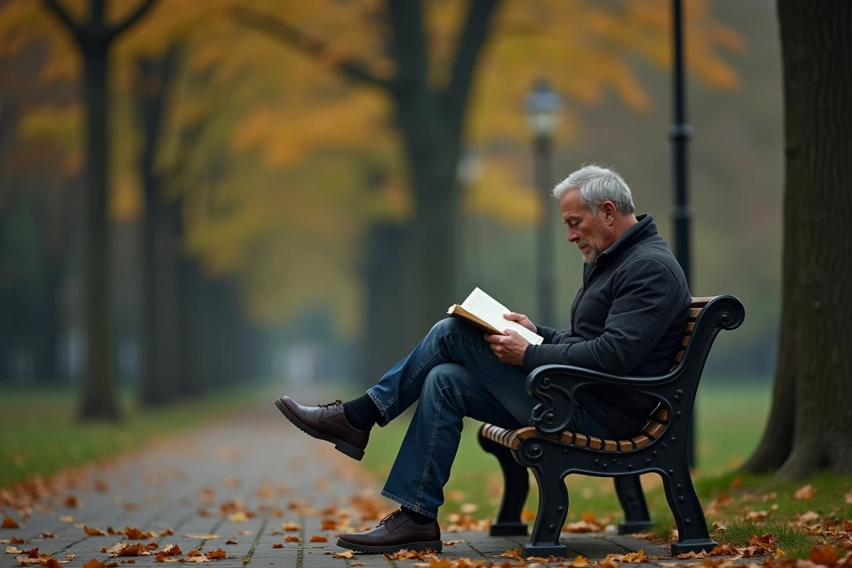 Homme célèbre lisant seul sur un banc de parc en automne, illustrant la recherche d'intimité et de discrétion