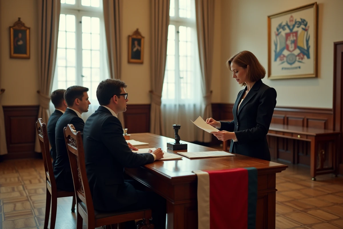 Intérieur d'une salle de mariage à la mairie avec officier d'état civil et couple pendant la cérémonie civile