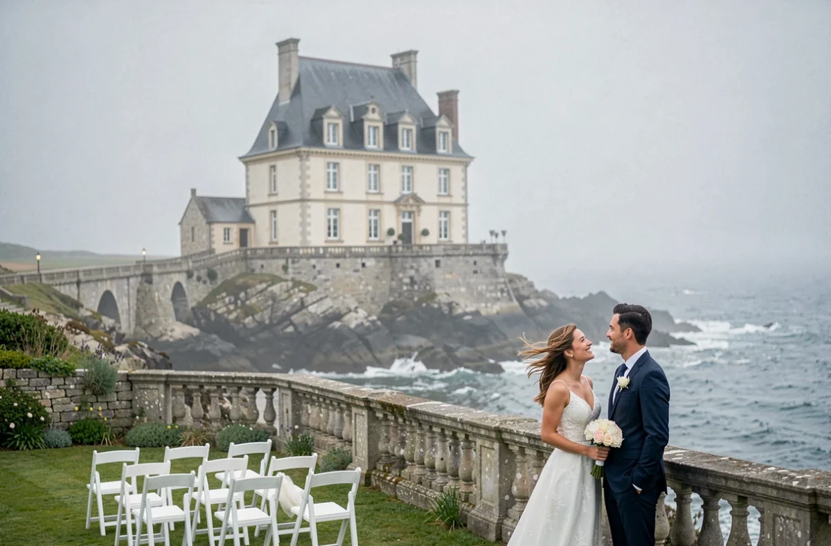 Mariage élégant et décontracté au Château de Beaussais en Bretagne avec vue sur le littoral atlantique et décoration florale blanche