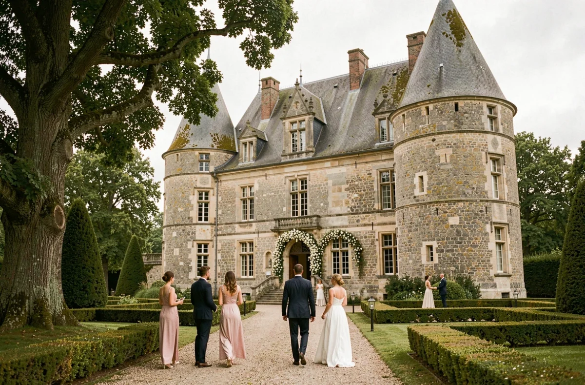 Le Château du Bois Guy en Ille-et-Vilaine, domaine historique breton avec allée de mariage fleurie et architecture en pierre ancienne