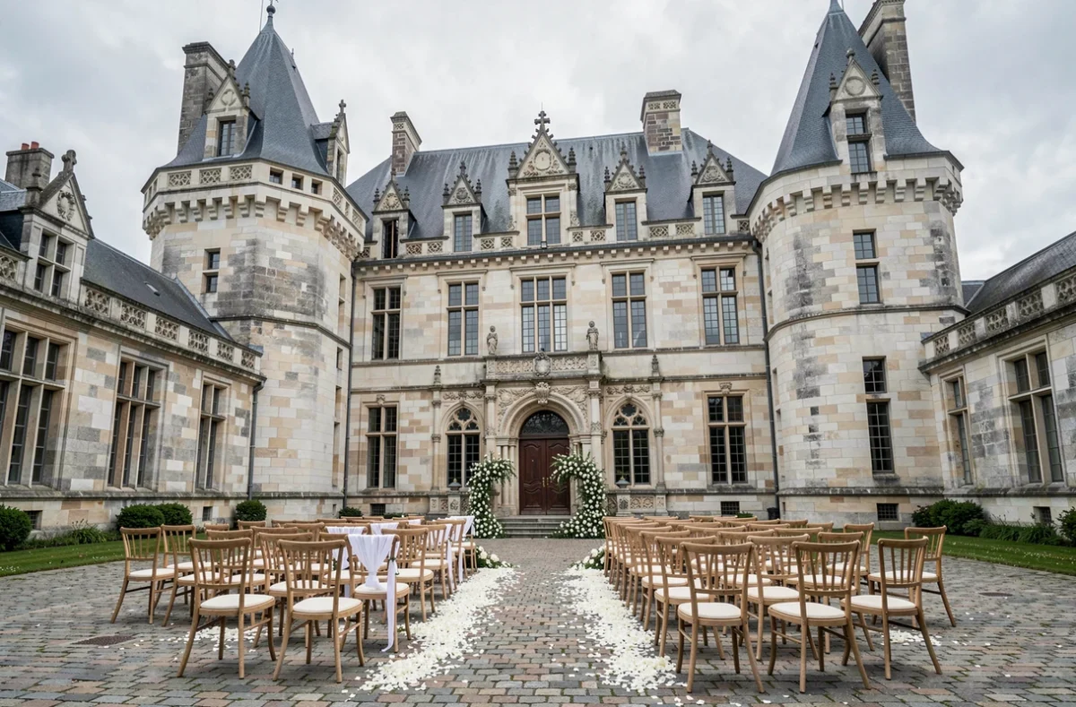Cérémonie de mariage dans la cour du Château de Hac, monument historique des Côtes-d'Armor, avec architecture Renaissance en pierre et décoration florale classique