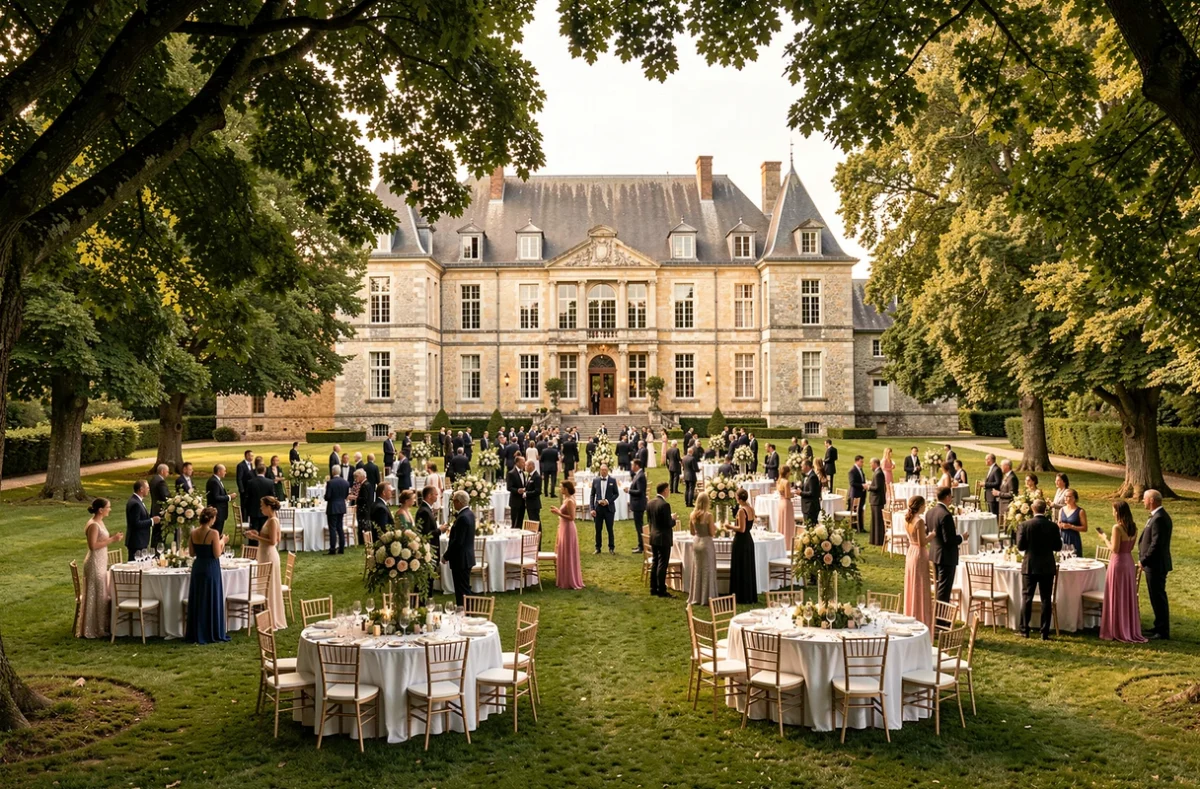 Grand mariage en plein air au Domaine du Château des Pères dans le Morbihan, réception élégante sur vaste pelouse avec château en pierre en arrière-plan