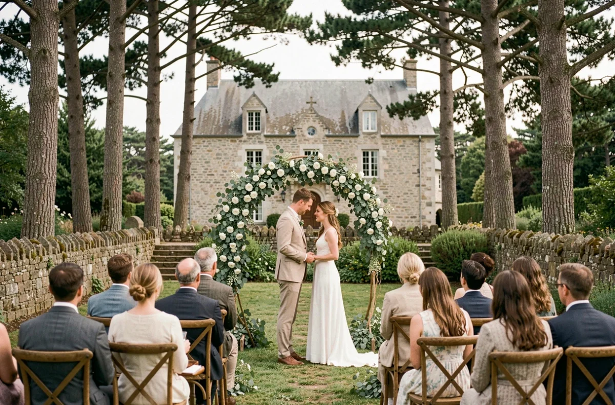 Mariage intimiste au Château de Kérezellec dans le Finistère, petite cérémonie sous une arche fleurie dans un jardin de pierre entouré de pins anciens