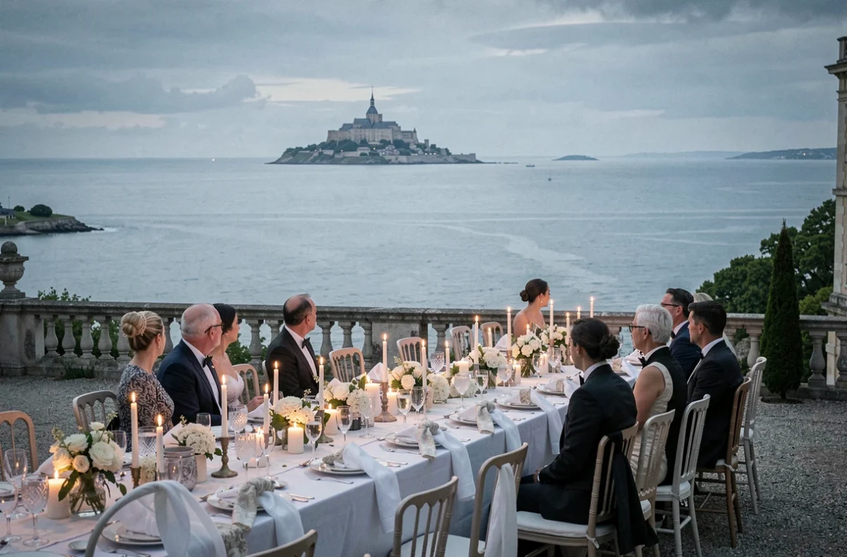Réception de mariage en terrasse au Château Les Hauts avec vue panoramique sur la baie du Mont-Saint-Michel, tables dressées élégamment et coucher de soleil sur la mer