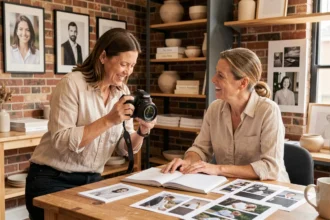 Photographe professionnelle à Bourg-en-Bresse présentant son portfolio à un client dans un studio décoré de tirages encadrés