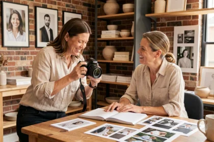 Photographe professionnelle à Bourg-en-Bresse présentant son portfolio à un client dans un studio décoré de tirages encadrés