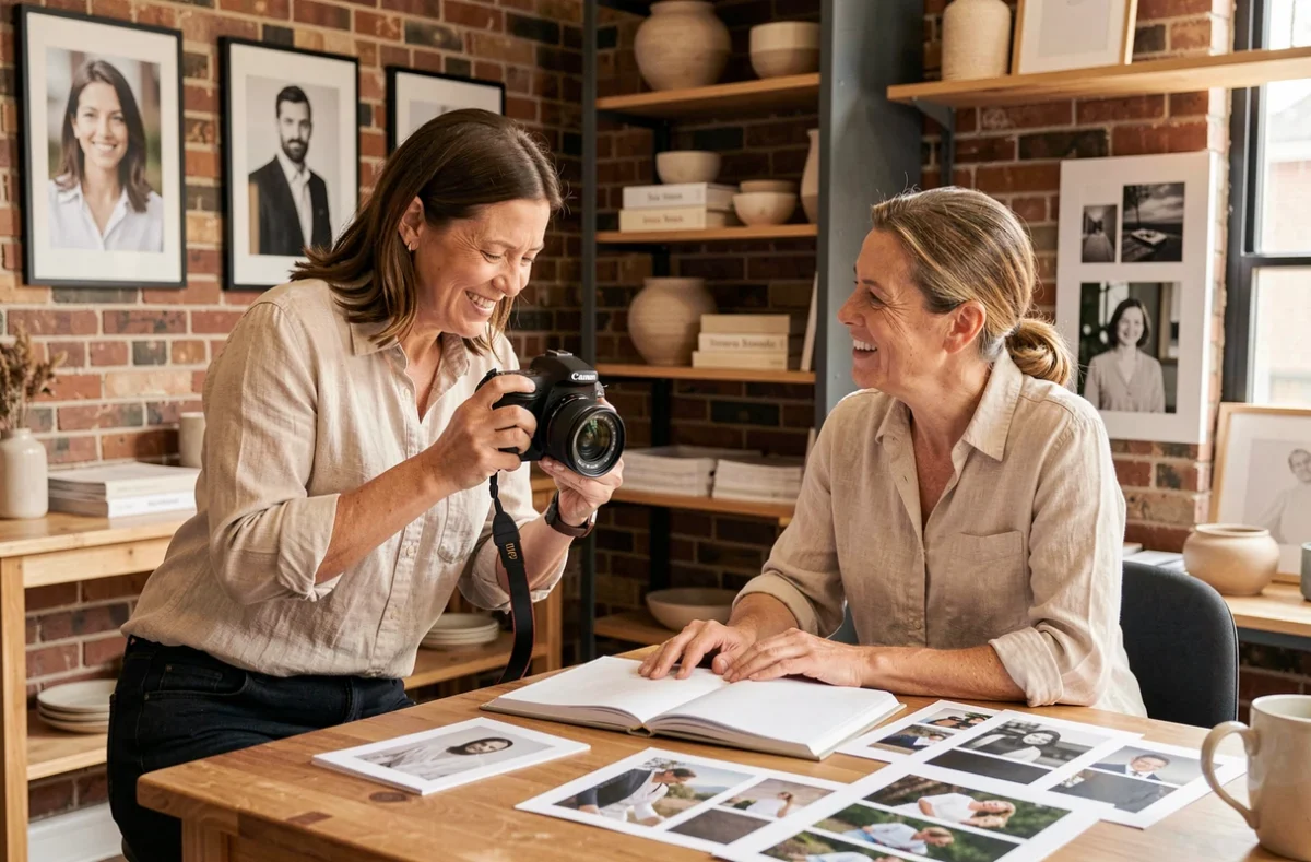 Photographe professionnelle à Bourg-en-Bresse présentant son portfolio à un client dans un studio décoré de tirages encadrés