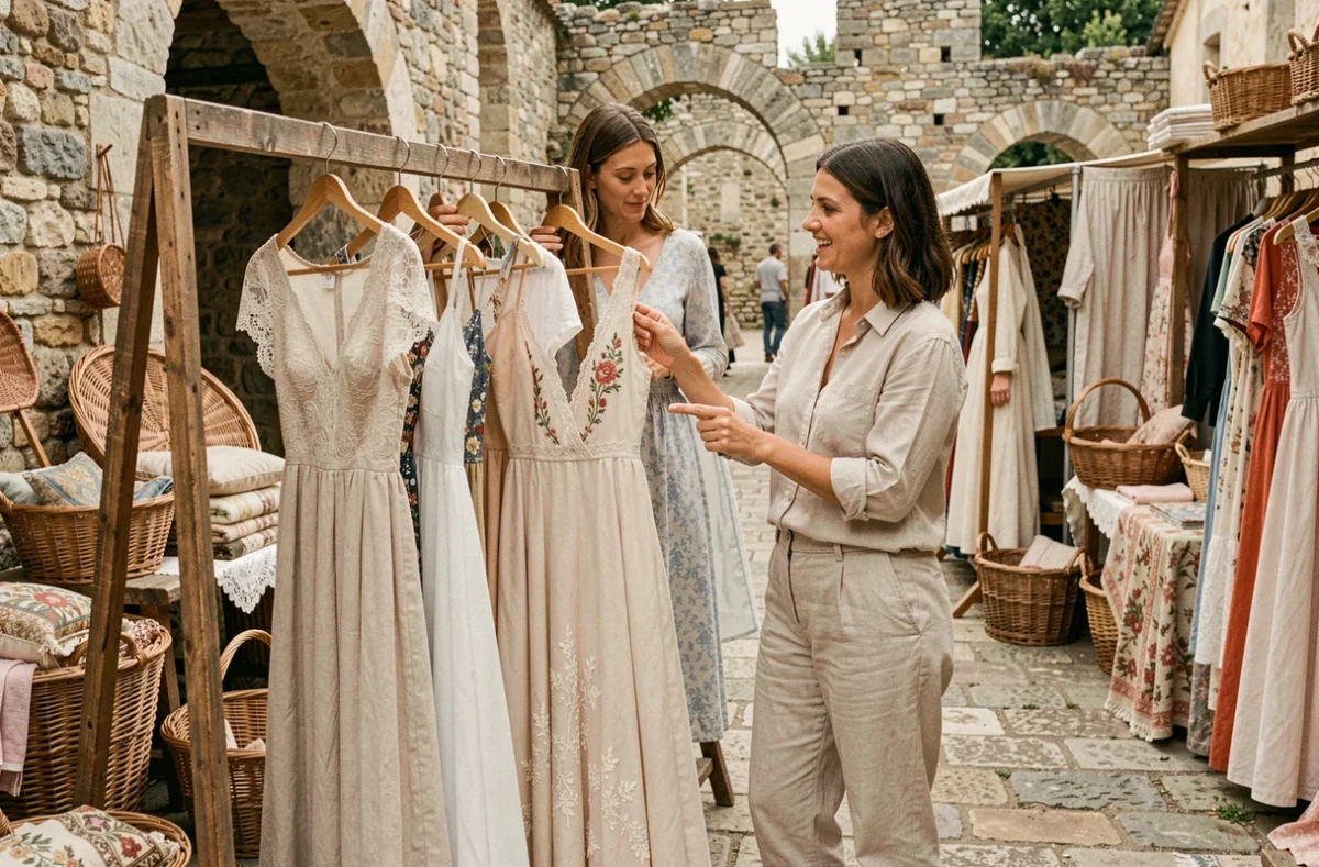 Deux femmes choisissant des robes de mariée bohèmes pas cher sur un marché vintage en Provence pour un mariage champêtre