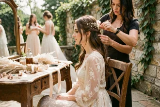 Coiffeuse réalisant un demi-chignon bohème avec fleurs séchées pour une demoiselle d'honneur lors d'une préparation de mariage en plein air