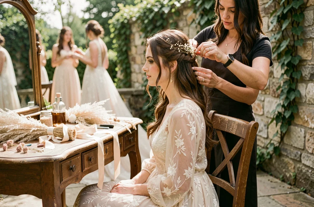 Coiffeuse réalisant un demi-chignon bohème avec fleurs séchées pour une demoiselle d'honneur lors d'une préparation de mariage en plein air