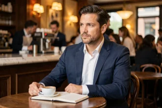 Homme posé et élégant dans un café parisien, compagnon d'une personnalité publique gérant discrètement sa notoriété