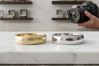 Comparaison d'une bague en platine et d'une bague en or blanc posées sur du marbre blanc dans un atelier de joaillerie